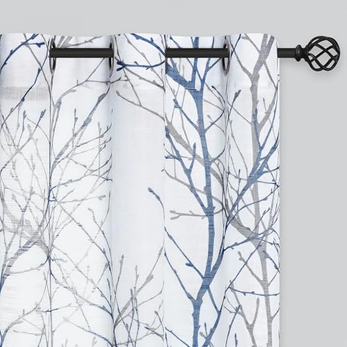 FMFUNCTEX Blue & White Linen Semi-Sheer Tree Branch Curtains, 84 Inch, Pack of 2, Branch Variation