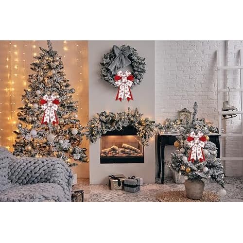 Hying 2 Pieces Christmas Bows for Wreath, Christmas Wreath Bow Glitter Red White Snowflake Bows Winter Xmas Tree Craft Bows Ornaments for Front Door New Year Christmas Party Decoration Supplies