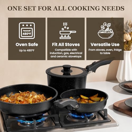Black Nonstick Cookware Set - 20 Pack Stackable Pots & Pans with Detachable Handles