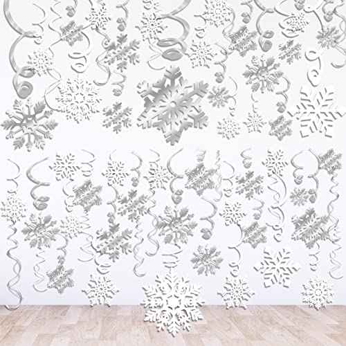 42CT Christmas Snowflake Hanging Swirl Decorations,Christmas Hanging Ceiling Streamers Snowflake Hanging Swirls and Strings Decoration, Winter Party Wonderland Xmas Holiday Decor Supplies