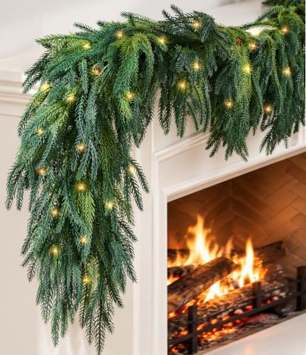 JOJOLEE 6FT Pre-Lit Norfolk Pine Christmas Garland Set of 2 Double-Density