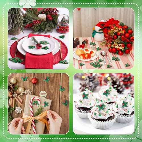 50 Pcs Mini Christmas Decorations Miniature Resin Triple Leaf Holly Berries Ornament Christmas Simulation Holly Berries Leaves DIY Tiny Craft Charms for Xmas Tree Wreath Card Gift Fillers Supplies