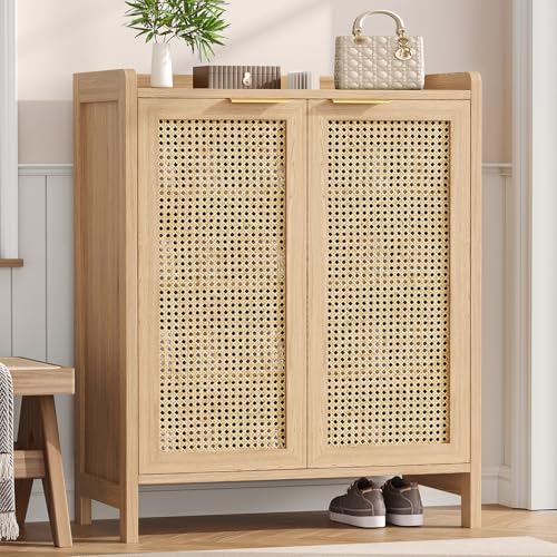 Rattan Shoe Storage Cabinet 5-Tier Entryway Organizer with Doors