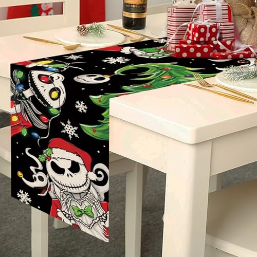 Christmas Jack Table Runner, Xmas Tree Kitchen Dining Table Decoration, Funny Holiday Winter Burlap Indoor Outdoor Home Decor Party Supply 13 x 72 Inches