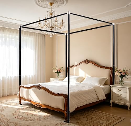 Queen Size Stainless Steel Canopy Bed Frame Thick Metal Bed Frame with Stable Base - Black