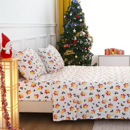 Softan Christmas Bell Twin Fleece Sheets Set - Cozy Flannel-Like Holiday Bedding