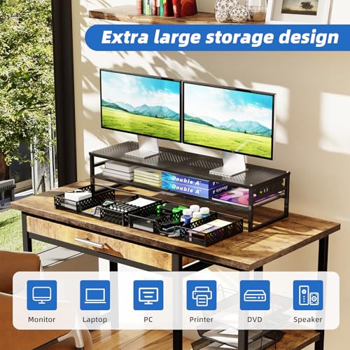 Dual Monitor Stand with USB Ports and Drawer Storage - Black