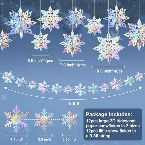 24 Pcs Christmas Hanging Snowflake Decorations, 3D Paper Snowflake Garland Ornaments for Christmas Home Tree Winter Party Decorations
