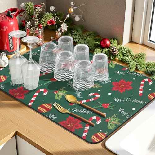 Findosom Christmas Dish Drying Mat, 12" x 20" Super Absorbent & Cuttable Dish Mat with Christmas Candy & Gift Pattern, Hide Stain Drying Mat for Kitchen Counter Coffee Maker Dining Room Decoration