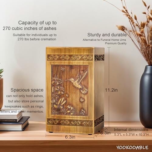 Hummingbird Carved Wooden Urn for Ashes - Large Cremation Memorial Box for Adults, with Velvet Bag & Necklace