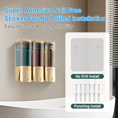 Gold 3 Chamber Shower Dispenser - Wall-Mounted No Drill Shampoo Conditioner