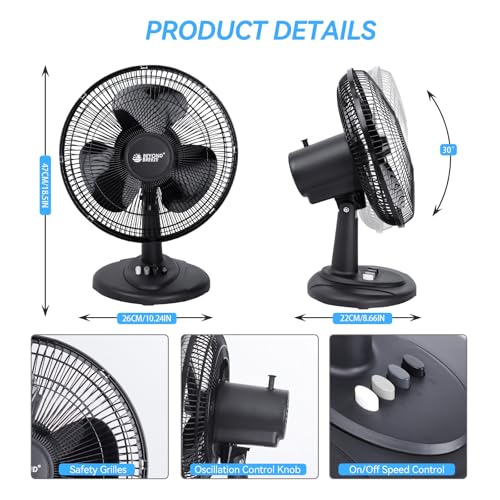 BEYOND BREEZE 12-Inch Black Oscillating Table Fan, 3 Speeds, Quiet & Portable