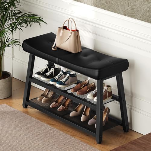 YATINEY Black 3-Tier Shoe Bench with Storage and Cushioned Seat