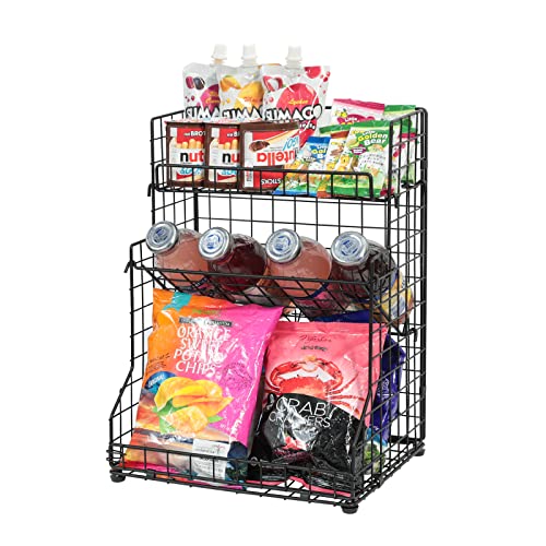 Black 3-Tier Snack Organizer Rack Bins with Adjustable Tilting for Pantry & Kitchen Storage
