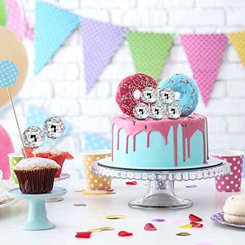 24 Pcs Disco Ball Cupcake Toppers Mini Dancing Cake Decorations for 1970s Birthday New Year Theme Party