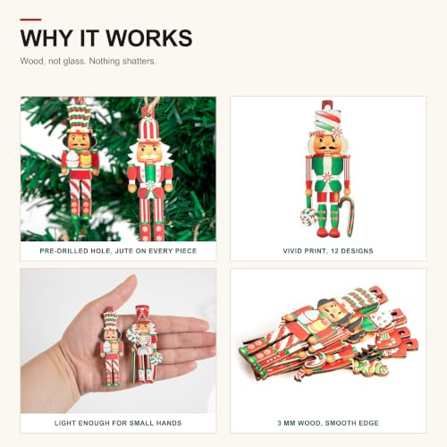 Nutcracker Christmas Ornaments Set of 24, Wooden Hanging Soldiers