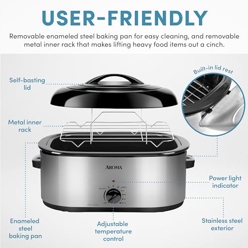 AROMA 22 Qt. Silver Roaster Oven with Self-Basting Lid - Stainless Steel