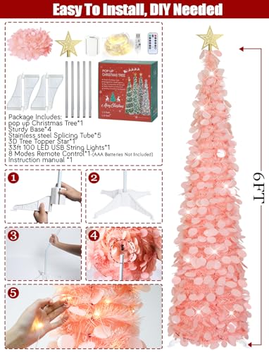 Dreamy Pink 6 FT Pop Up Christmas Tinsel Tree with 100 LED Lights & Remote