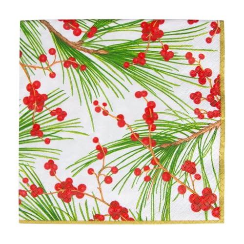 Caspari Christmas Berries and Pine Paper Luncheon Napkins - Holiday Party Supplies, 20 Pack