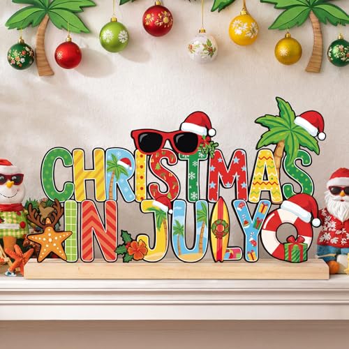 Metal Christmas in July Sign Tabletop Decor with Wooden Base