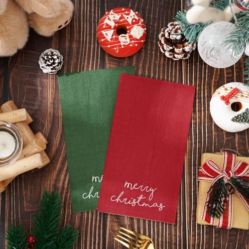 Whaline 200 Pcs Christmas Guest Napkins Red & Green Merry Christmas Paper Napkins - Disposable Xmas Guest Hand Napkins