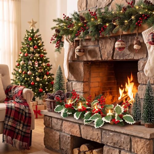 Qunclay Holly Christmas Candle Holder Set - 4 Wreaths & Glass Tea Light Holders