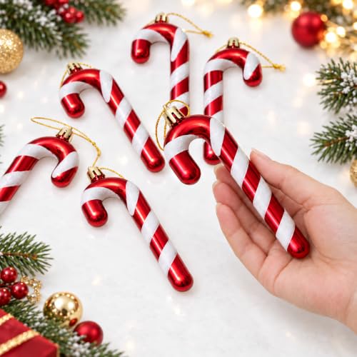 12Pcs Red & White Candy Cane Christmas Ornaments with Glitter – 12.5 cm