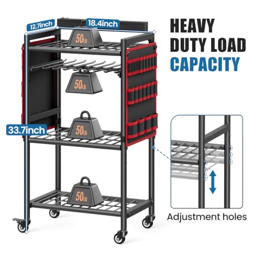 Power Tool Organizer Cart with Charging Station, 8 AC Outlets, 6.5 FT Cord