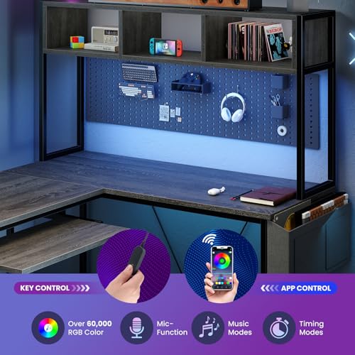 DUMOS Grey 67-Inch L-Shaped Gaming Desk with LED Lighting, Reversible Corner Computer Desk with Keyboard Tray & Storage Shelf
