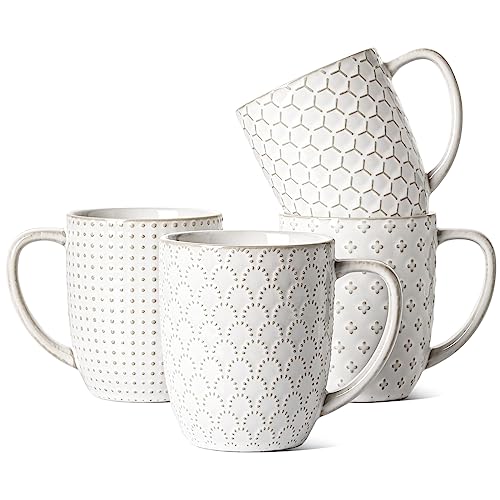 LE TAUCI Ceramic Coffee Mugs Set of 4, 16 oz, Embossed, Arctic White