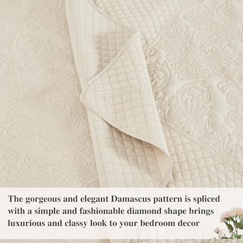 Oversized King Bedspread Set - Damask Pattern Beige 138x122, Lightweight Comforter with Pillowcases