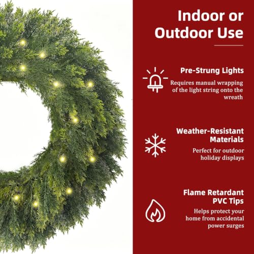 HipTree 30 Inch Real Touch Lighted Cedar Wreath for Front Door