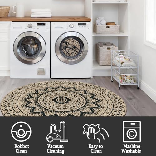 VSIWB Boho Black Round Outdoor Rug 8ft Washable Non-Slip Area Carpet