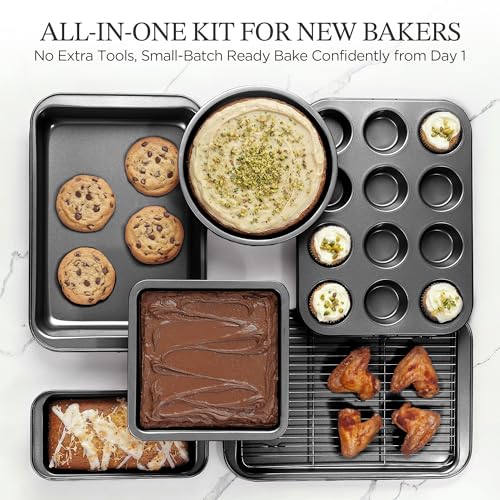 Compact 19-Piece Bakeware Set with Cake Pans Loaf Muffin & Cooling Rack - Gray