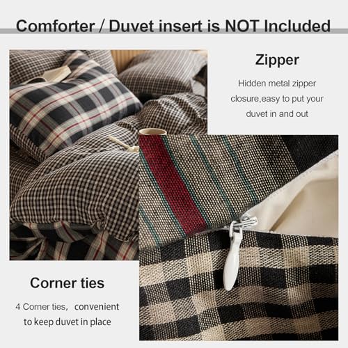 EAVD Vintage Buffalo Plaid Duvet Cover Queen - Black, Red & Green, 3-Piece Set, Reversible