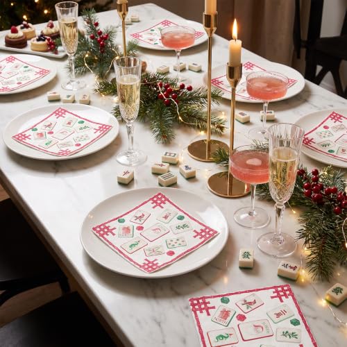 RUSPEPA 25Pcs Christmas Mahjong Paper Napkins - Tiles & Dice Design, 5x5in, Disposable Cocktail Napkins (Variation: Mahjong Tiles and Dice)