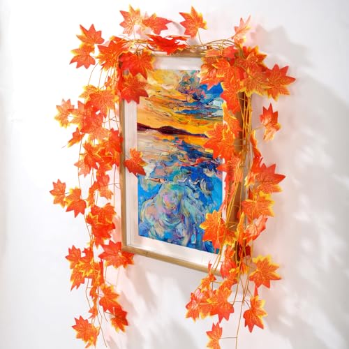 Fall Leaf Garland for Room Decor(12 Pack),Artificial Maple Leaves,Autumn Hanging Vines Red Ivy Plant for Bedroom Wall Decor Thanksgiving Halloween Christmas WeddingParty Garden Fireplace
