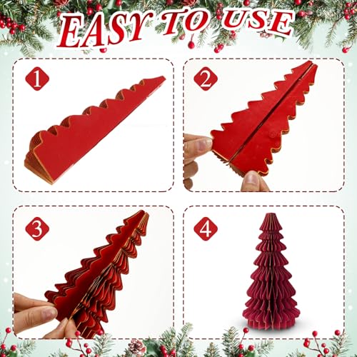 Gueevin 12 Pcs Red Christmas Honeycomb Paper Tree Centerpiece with Magnetic Closure 5.9–13.78 in