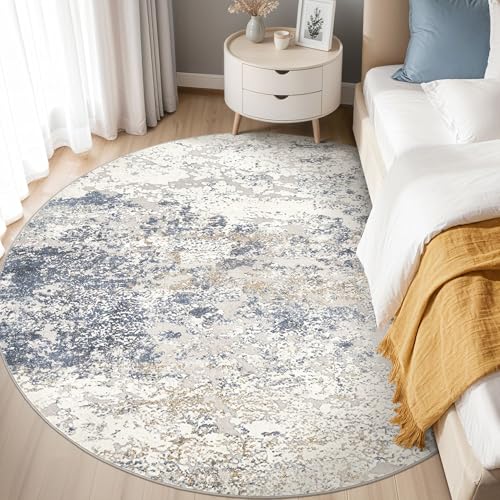 Round Area Rug 6ft Soft Washable Abstract Carpet for Living Room Beige Blue