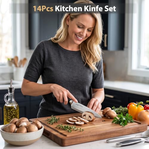 Amorston 14-Piece Kitchen Knife Set with Block & Sharpening Stone - Black