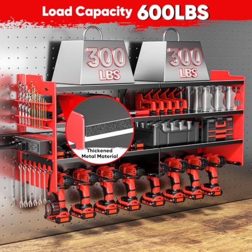 POKIPO Red Large Power Tool Organizer Wall Mount with Charging Station, 4 Layers, Heavy Duty Metal Shelf, 600 lbs Capacity
