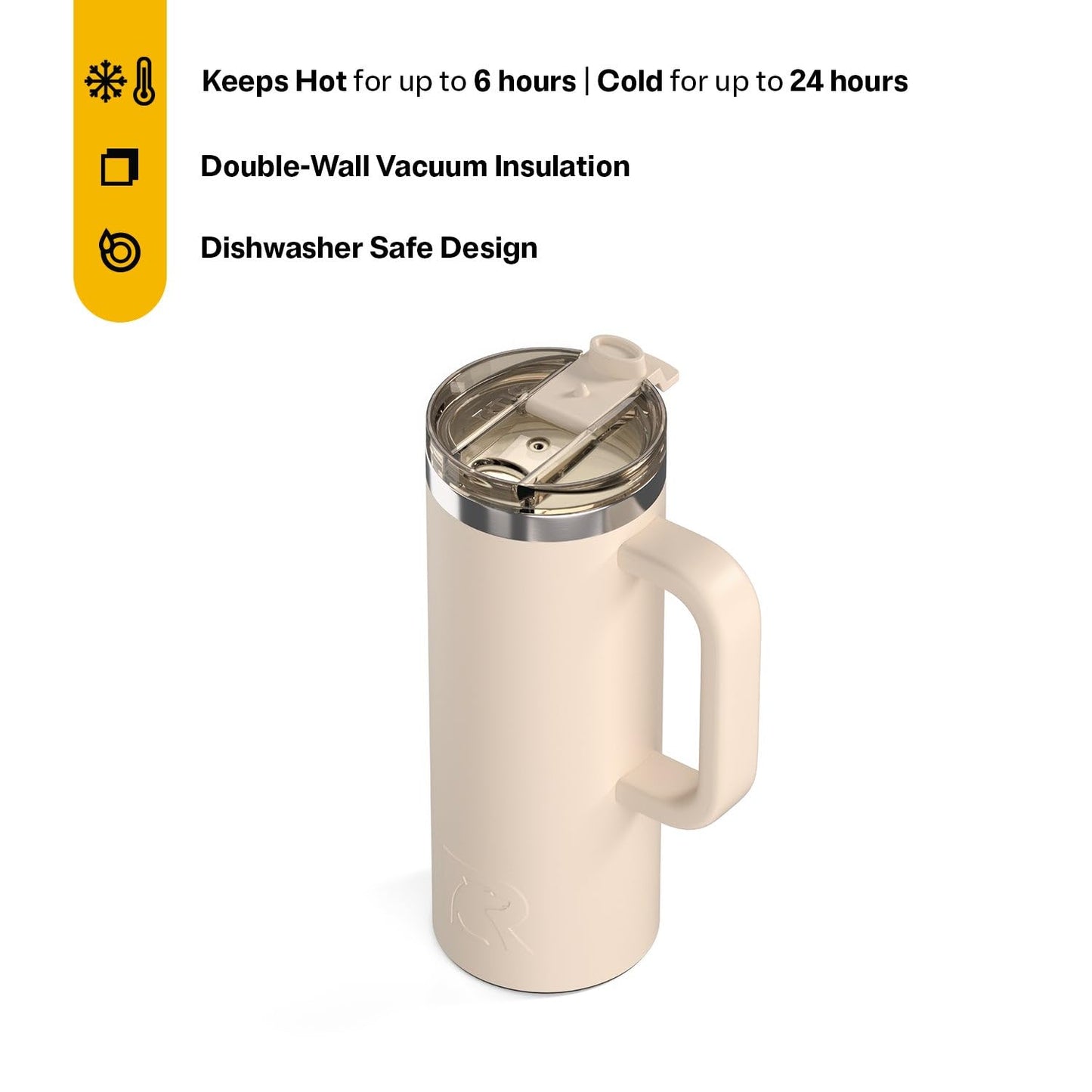 RTIC 20oz Road Trip Travel Mug with Lid and Handle, Ceramic Lined, Insulated, Stainless Steel, Metal, Double Wall Vacuum-Insulation, Portable Coffee, Tea Cup for Hot and Cold Drink, Beach