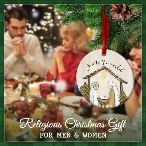 Christmas Nativity Scene Ornament - Joy to The World Xmas Decorations - Christian Ceramic Ornament for Tree, for Religious Men & Women