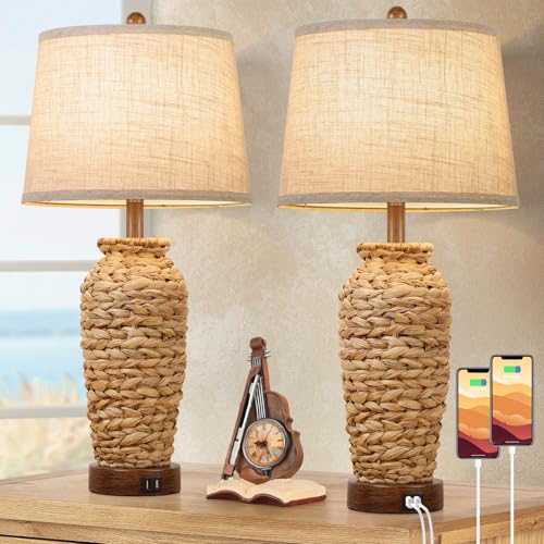 Natural Vase Set of 2 Rattan Table Lamps with USB Charging Ports - Farmhouse Rustic Woven Seagrass Bedside Lamps for Living Room & Bedroom - Cream Shade