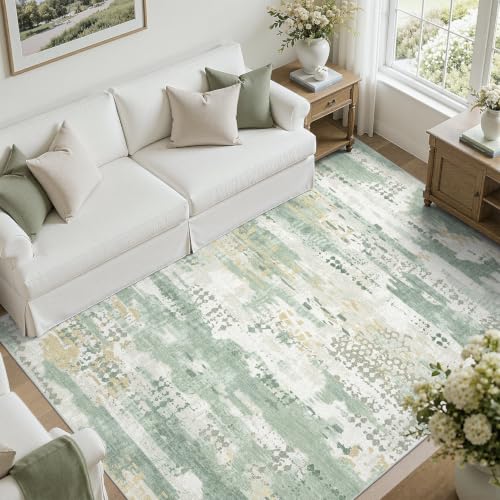 DCX 5x7 Washable Abstract Area Rug - Sage Green, Non-Slip, Pet & Kid Friendly