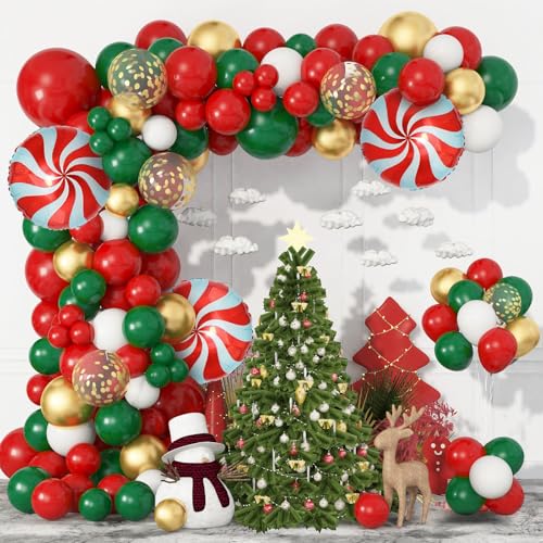Christmas Red Green Gold Balloons Set, 60Pcs 12 Inch Red Green White Metallic Gold Confetti Latex Balloon Kit for Christmas Grinch Birthday Party Decorations