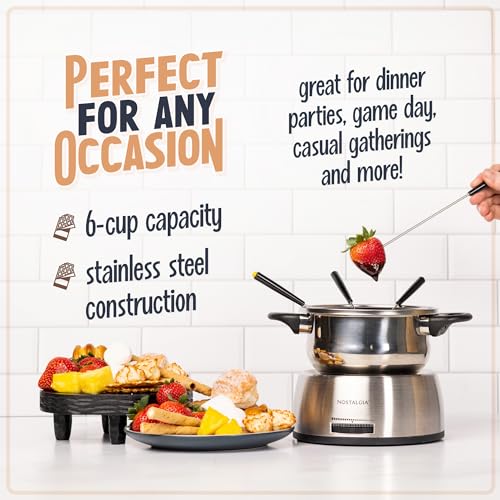 Electric Fondue Pot 1.5 Quart Stainless Steel with Temperature Control & 6 Color Forks - Perfect for Chocolate & Cheese - Variation: Stainless