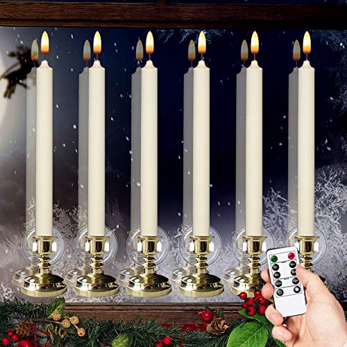 Wondise 10" Flameless Window Candles with Timer & Remote, Ivory Gold Holder—6 Pack