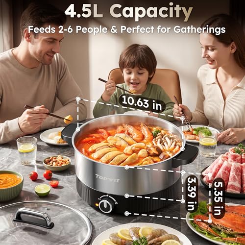 Electric Hot Pot 4.5L Stainless Steel Family Size Cooking Pot - Black