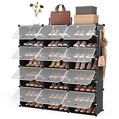 Portable 8-Tier Shoe Cabinet - Black, 48 Pairs Capacity, Space Saving Shoe Organizer with Hooks